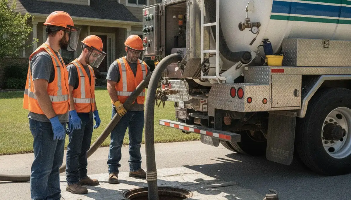 Septic pumping truck serving Bakersfield, CA homes with on-call plumbing service