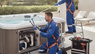 Spa repair technicians servicing a Bakersfield, CA home spa system for reliable plumbing maintenance